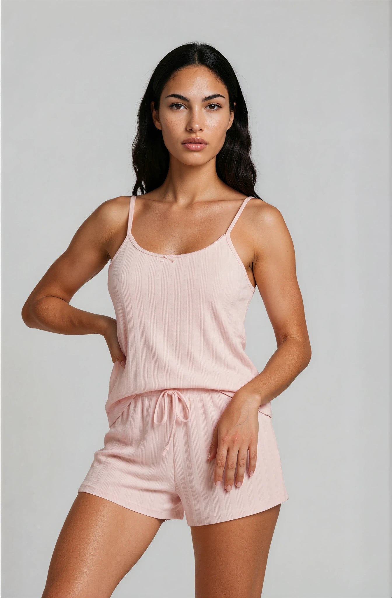 Shorty-Pyjama in Rosé aus Pointelle-Baumwolle mit Spaghettiträgern