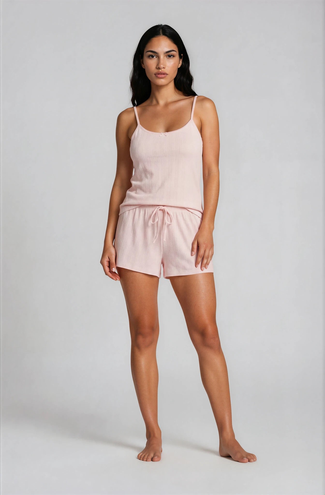 Shorty-Pyjama in Rosé aus Pointelle-Baumwolle mit Spaghettiträgern