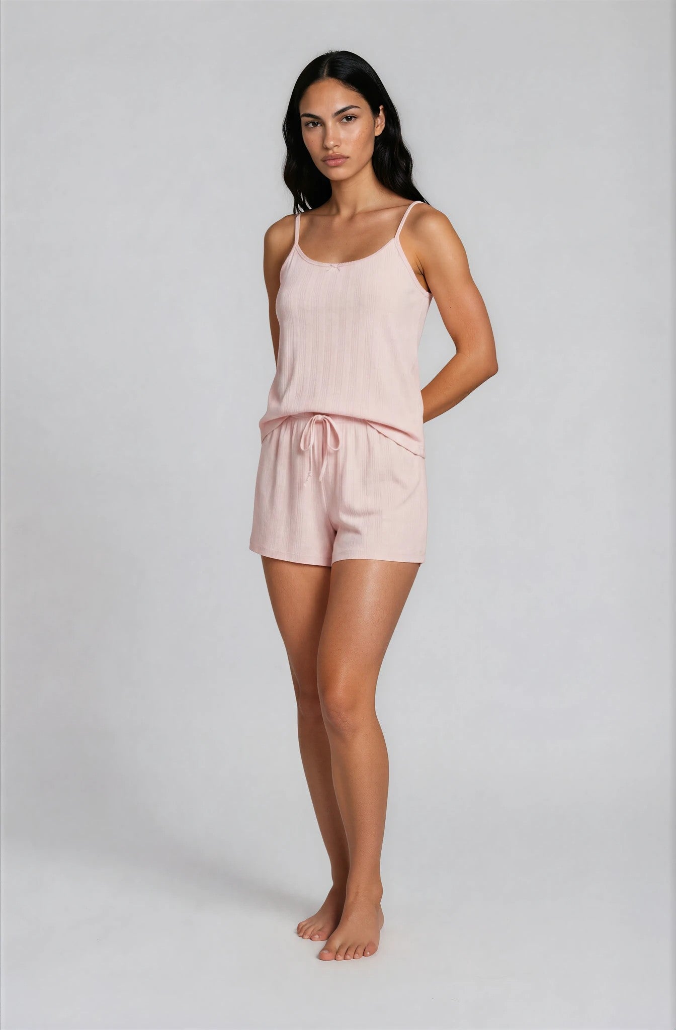 Shorty-Pyjama in Rosé aus Pointelle-Baumwolle mit Spaghettiträgern