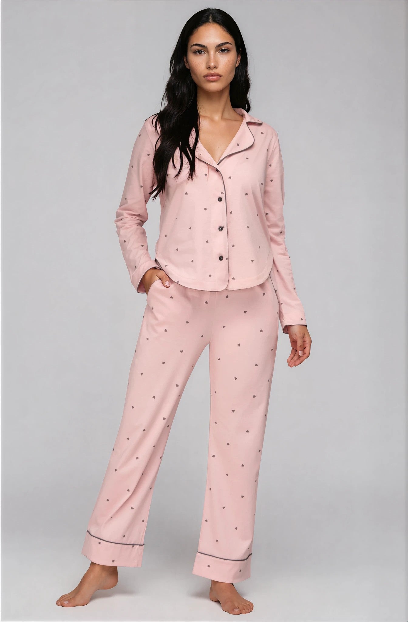 Damen Pyjama in Rosa mit Herzprint – 100% Baumwolle