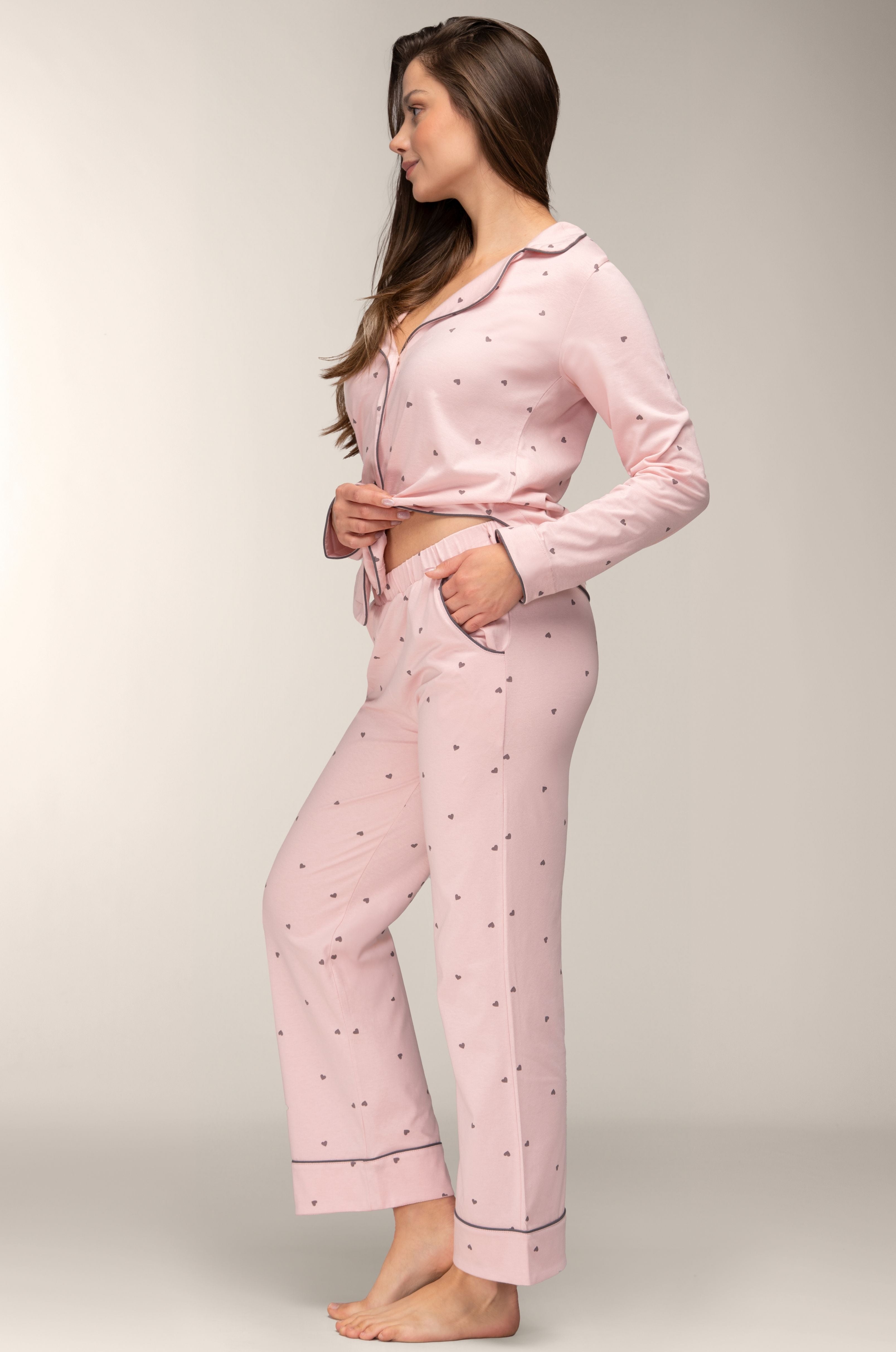 Damen Pyjama in Rosa mit Herzprint – 100% Baumwolle