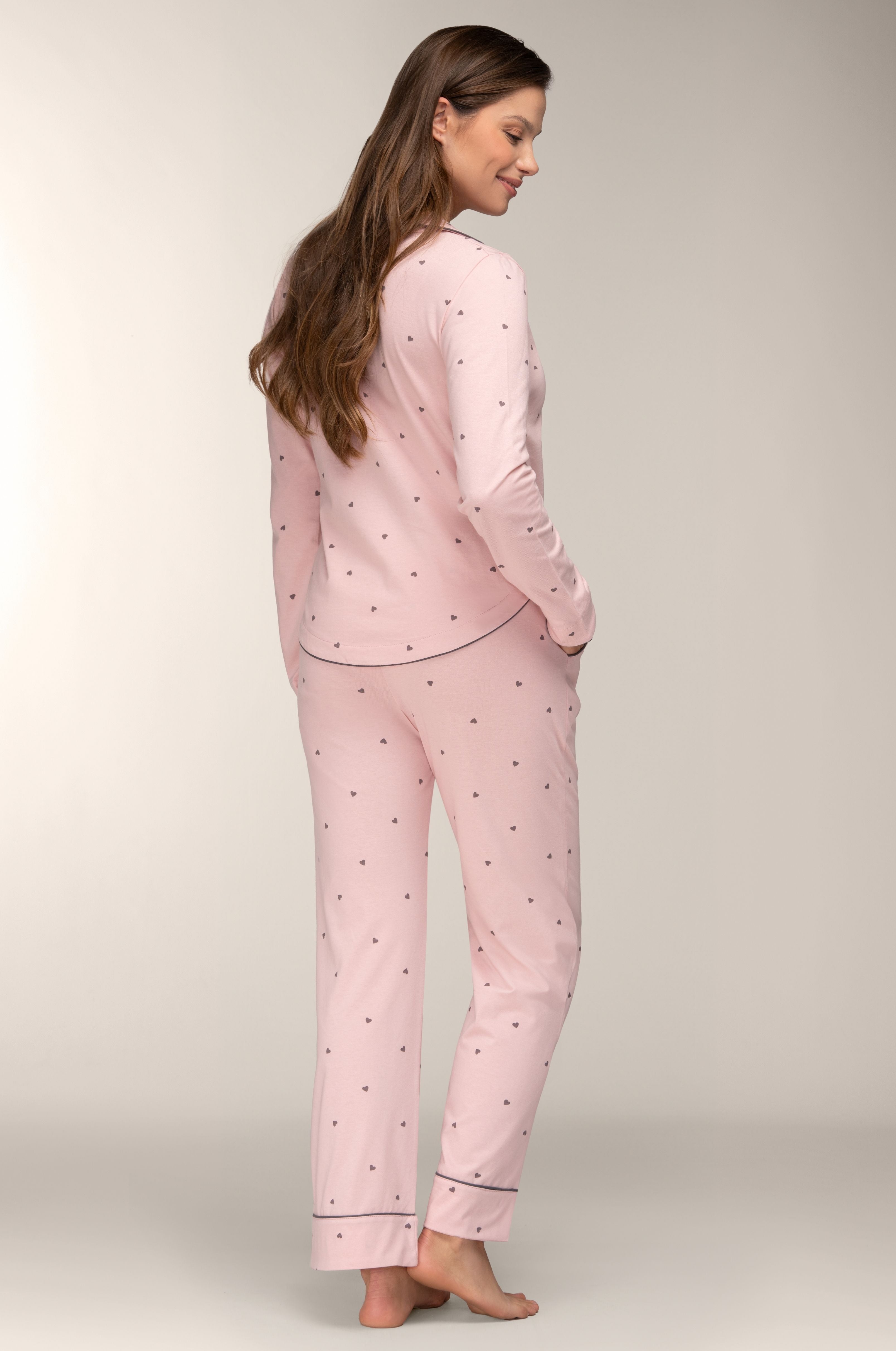 Damen Pyjama in Rosa mit Herzprint – 100% Baumwolle