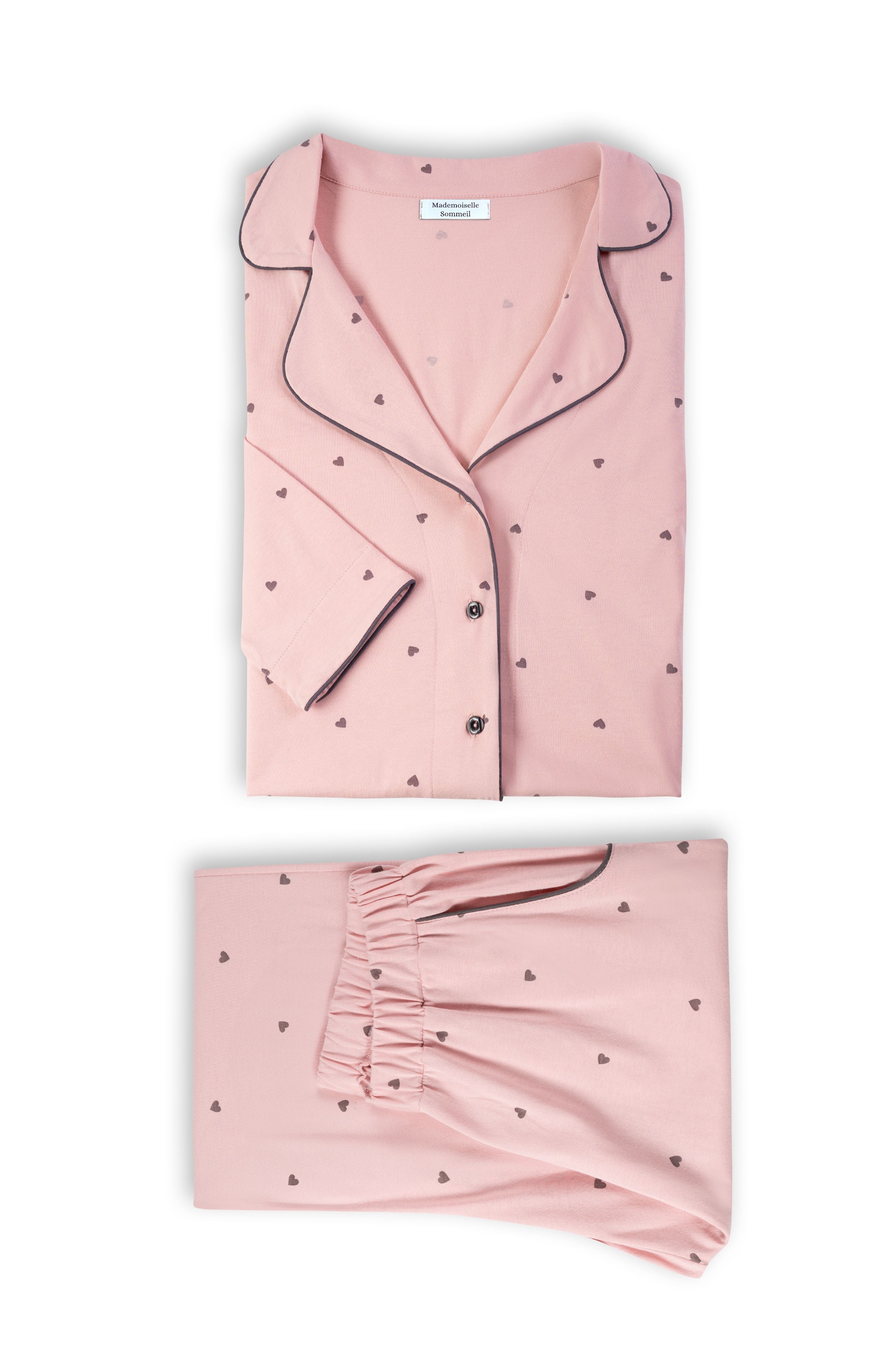 Damen Pyjama in Rosa mit Herzprint – 100% Baumwolle