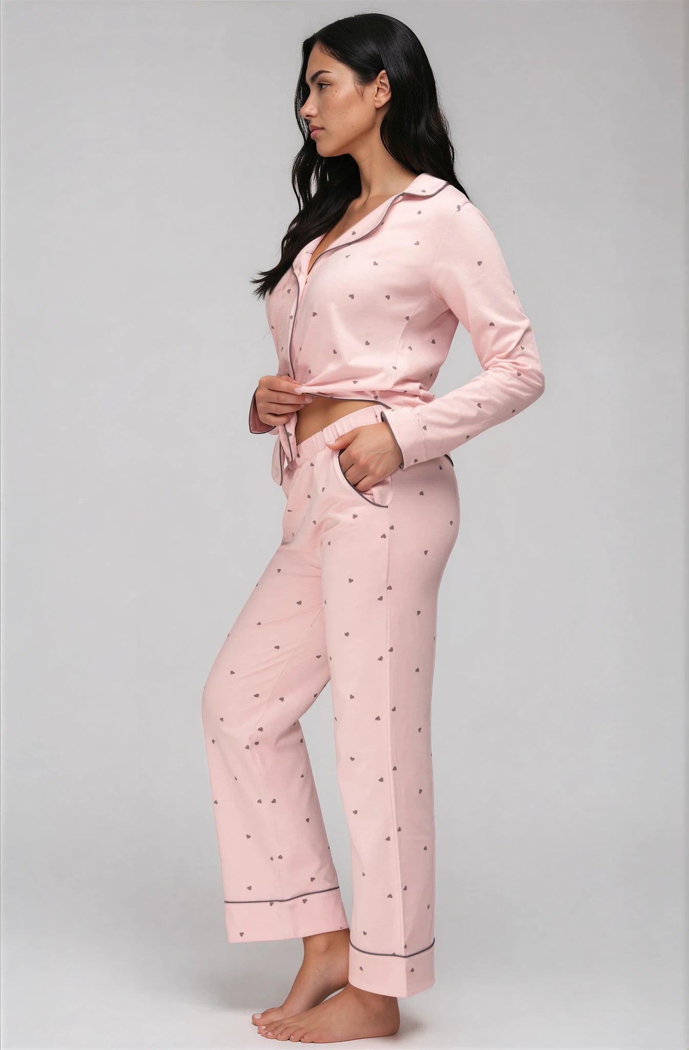 Damen Pyjama in Rosa mit Herzprint – 100% Baumwolle