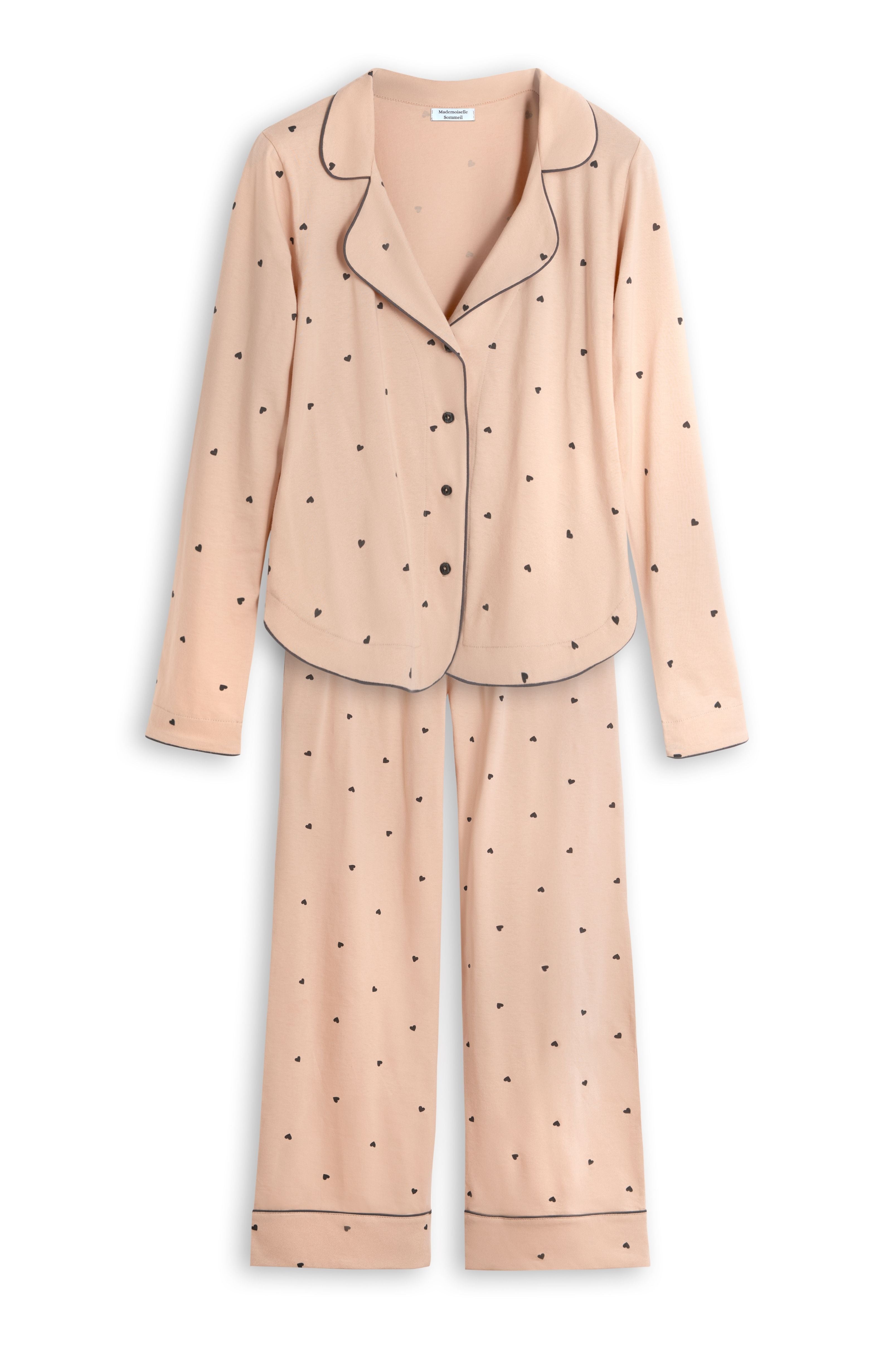 Damen Pyjama aus 100% Baumwolle in Beige mit Herzchen