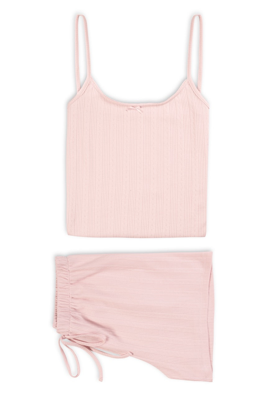 Shorty-Pyjama in Rosé aus Pointelle-Baumwolle mit Spaghettiträgern