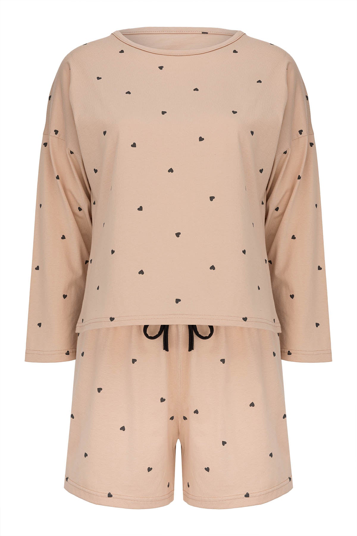 Langarm-Shorty-Pyjama-Beige-Herzenprint-Frontansicht-freigestellt