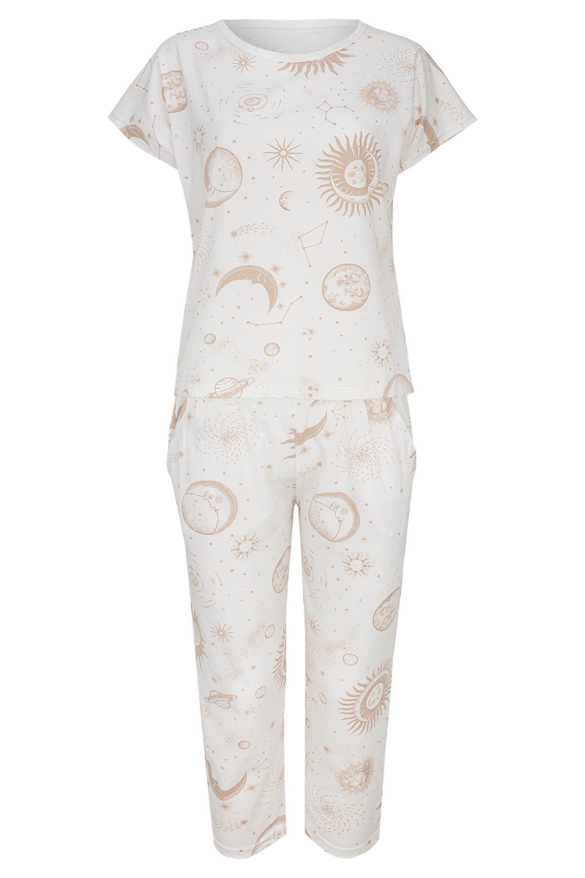 Kurzarm-Pyjama-Damen-weiß- Sonne‑Mond‑Sterne‑Set-Frontansicht-freigestellt