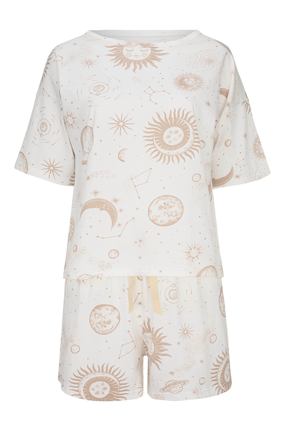 Kurzarm-Shorty-Pyjama-Damen-Himmelskörper-Print-Frontansicht-freigestellt