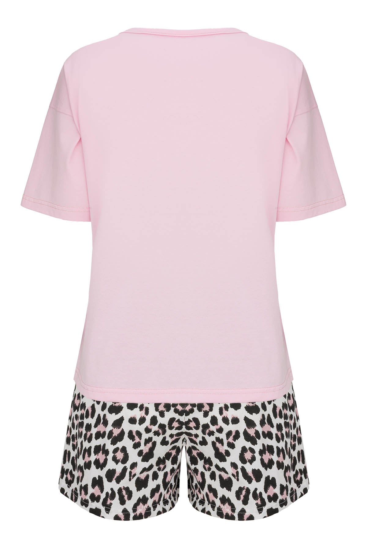 Shorty-Pyjama-Damen-kurzarm-Basicshirt-pink-Shorts-Animalpirnt-Rückansicht-freigestellt