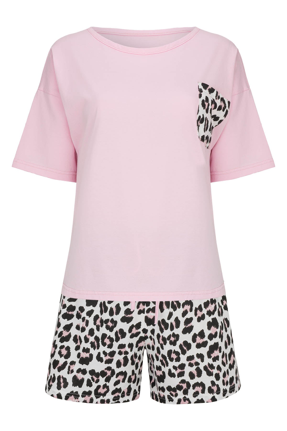 Shorty-Pyjama-Damen-kurzarm-Basicshirt-pink-Shorts-Animalpirnt-Frontansicht-freigestellt