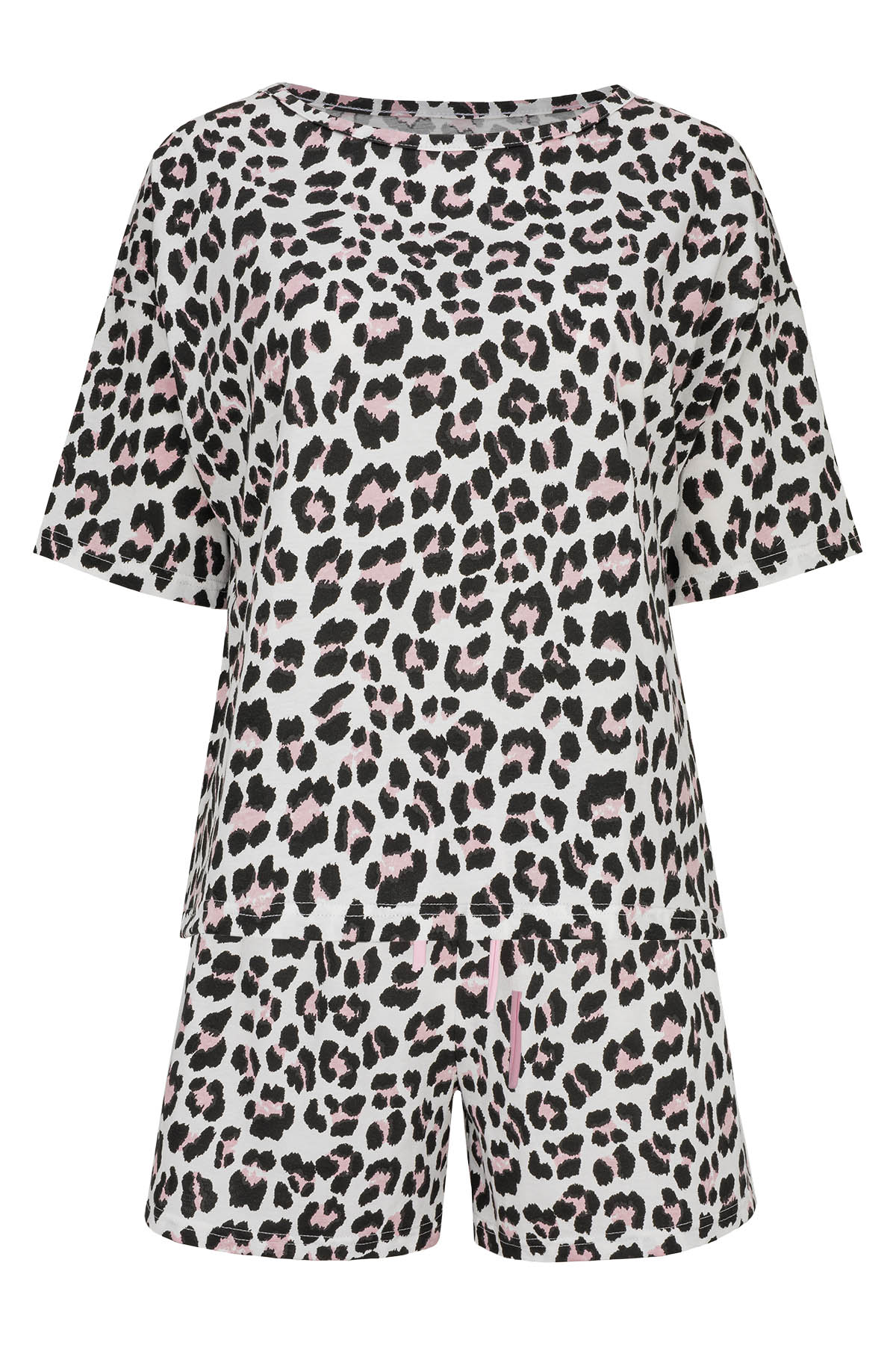 Shorty-Pyjama-Damen-Halbarm-Leopardenprint-Allover-Frontansicht-freigestellt