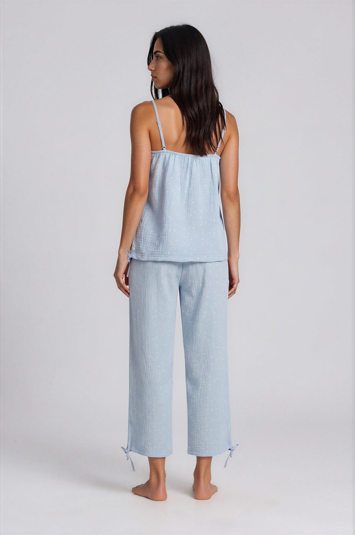 Hellblauer Musselin-Pyjama aus Baumwolle mit Spaghettiträger-Top & 7/8-Hose