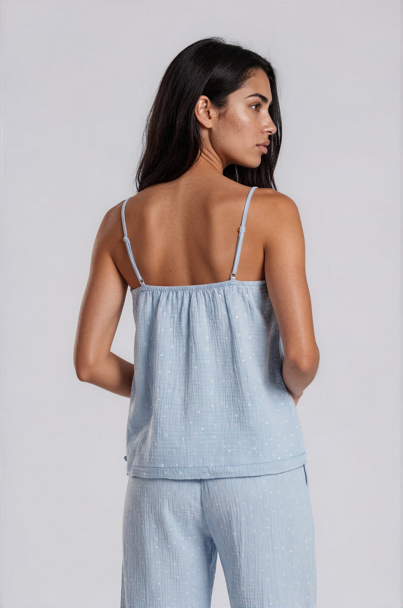 Hellblauer Musselin-Pyjama aus Baumwolle mit Spaghettiträger-Top & 7/8-Hose
