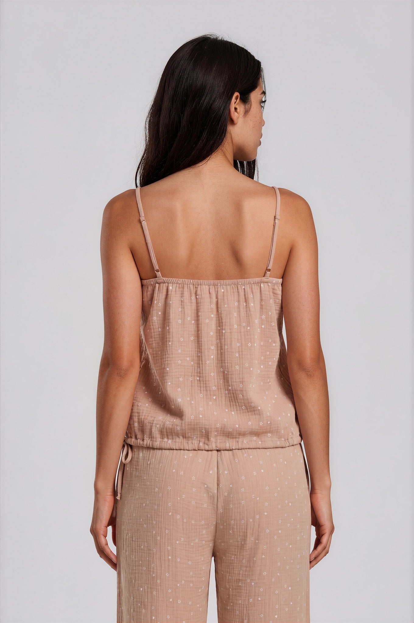 Taupe Musselin-Pyjama aus Baumwolle mit Spaghettiträgern & 7/8-Hose
